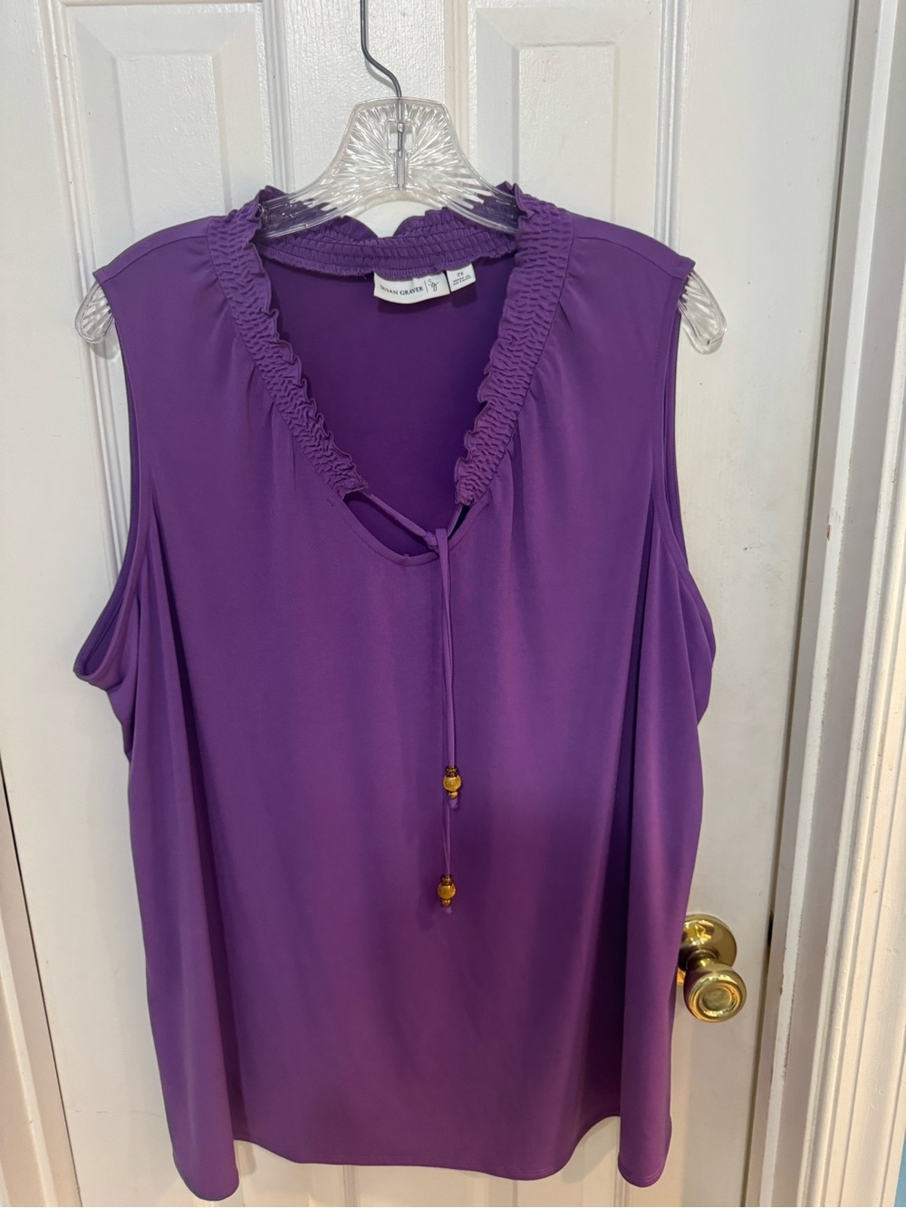Susan Graver Purple Sleeveless Ruffled V-Neck Blouse